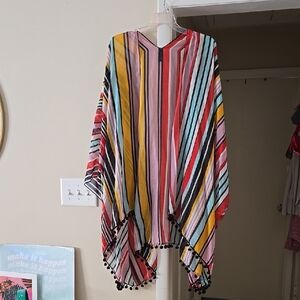 Lane Bryant Colorful Striped Overpiece with Pom Poms